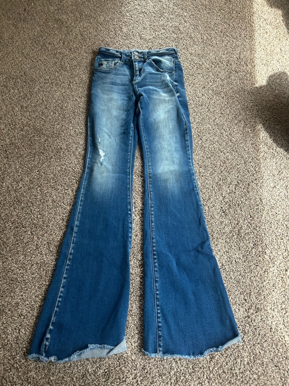 KanCan Women's Blue Flare Jeans with Distressed Detail